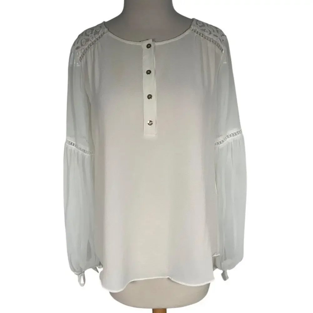 White House Black Market Size 8 White Lace Sheer Sleeves Pheasant Blouse Button - Picture 1 of 12